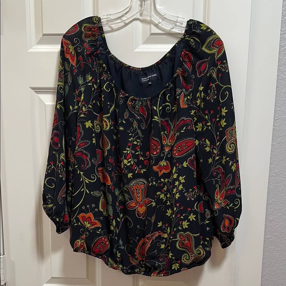 Jones New York Navy Floral-Patterned Long Sleeve Blouse